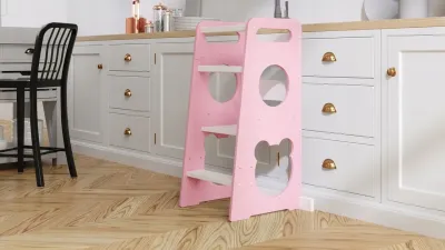 Pagalbinis virtuvės bokštelis vaikams, laipteliai montessori meškučiai